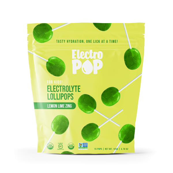 Electrolyte Lollipops for Kids in Lemon Lime Zing flavor by ElectroPop. Vibrant yellow-green pouch with green lollipops and white sticks, featuring USDA Organic, Gluten-Free, Dairy-Free, and Non-GMO certifications.