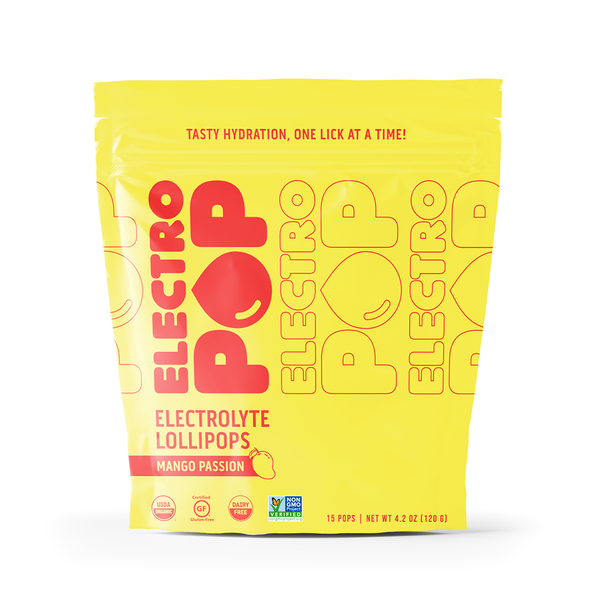 Yellow package of Electro Pop electrolyte lollipops on a white background