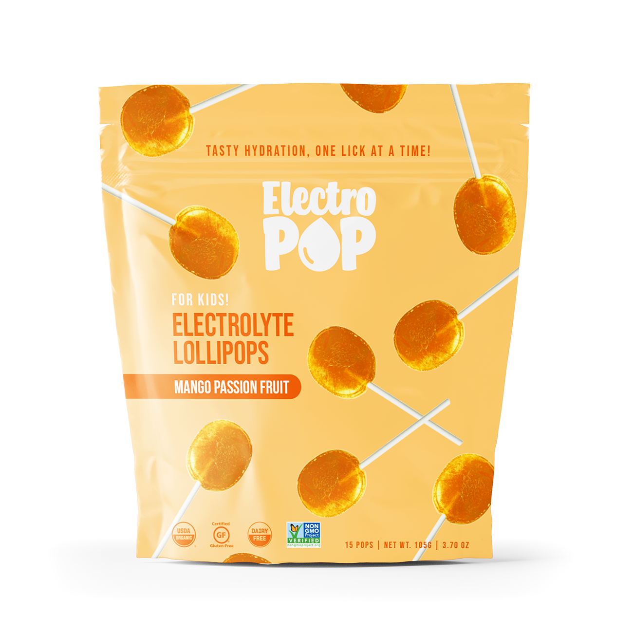 Electrolyte Lollipops for Kids in Mango Passion Fruit flavor by ElectroPop. Orange resealable pouch with golden-orange lollipops and white sticks, marked USDA Organic, Gluten-Free, Dairy-Free, and Non-GMO.
