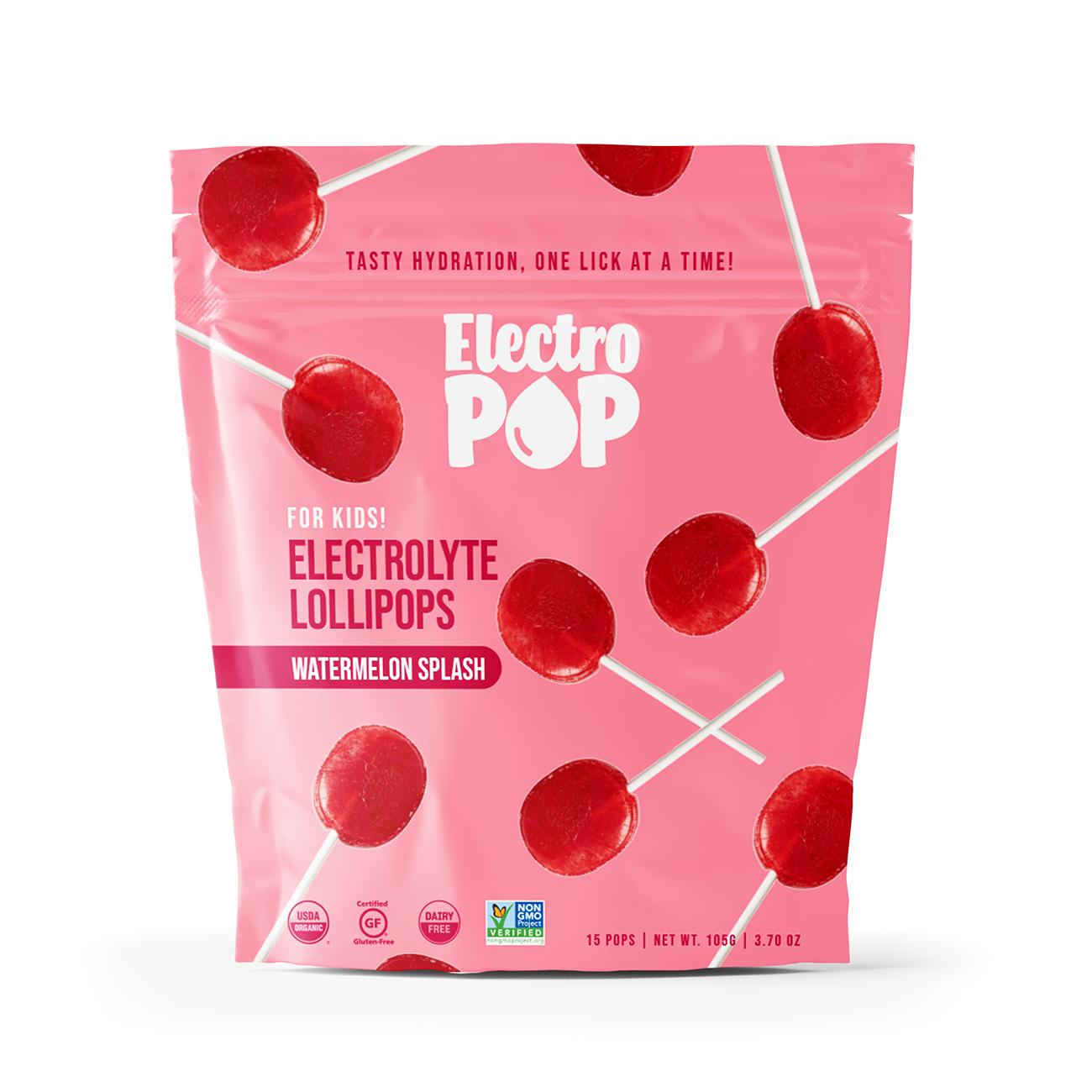 Electrolyte Lollipops for Kids in Watermelon Splash flavor by ElectroPop. Bright pink resealable pouch with red lollipops and white sticks, labeled USDA Organic, Gluten-Free, Dairy-Free, and Non-GMO.