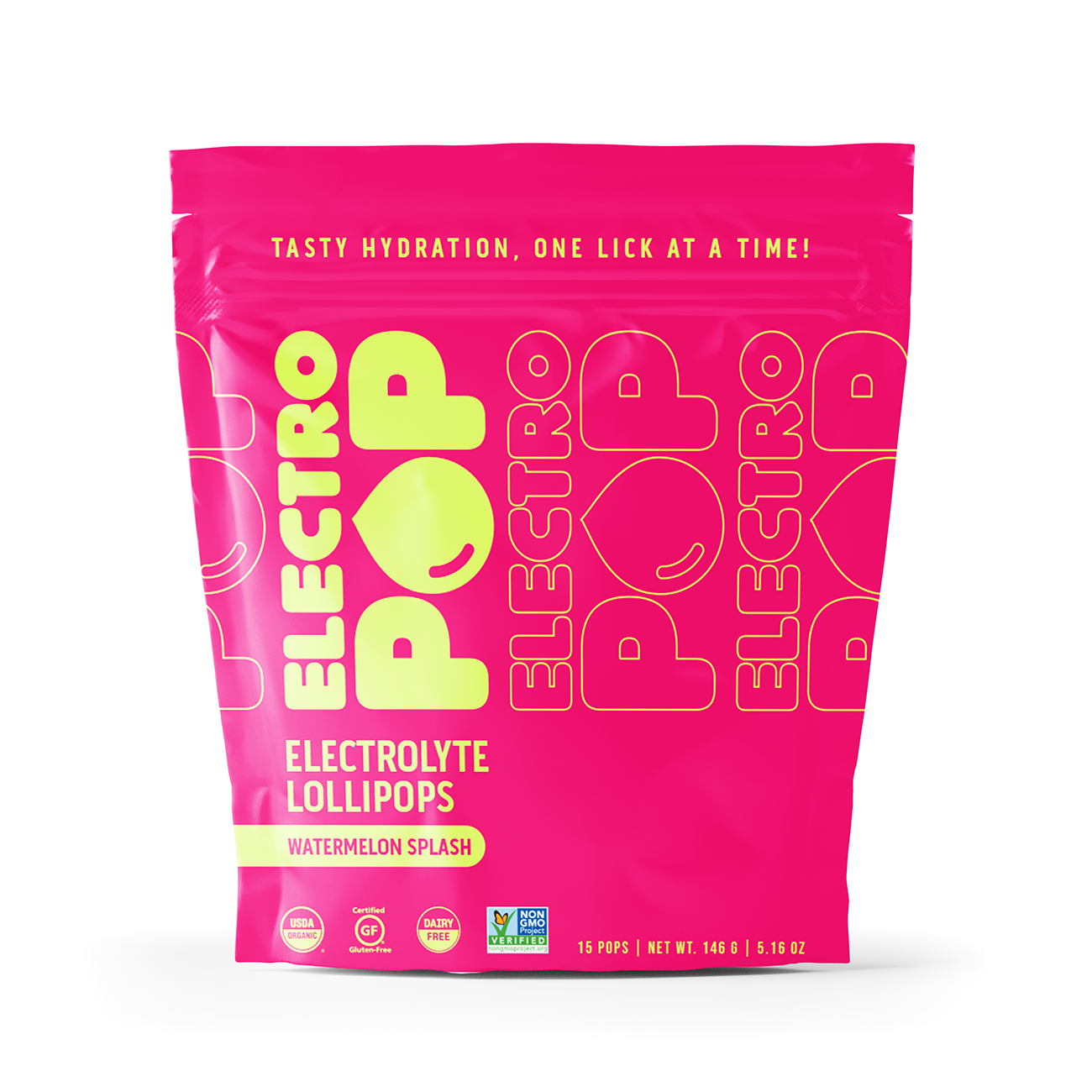 Electrolyte Lollipops for Active lifestyles in Watermelon Splash flavor by ElectroPop. Bright pink resealable pouch with red lollipops and white sticks, labeled USDA Organic, Gluten-Free, Dairy-Free, and Non-GMO.