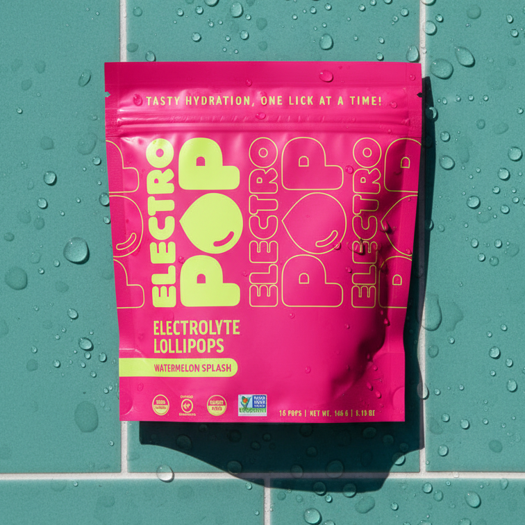 Pink Electro Pop electrolyte lollipops package on a green tiled background