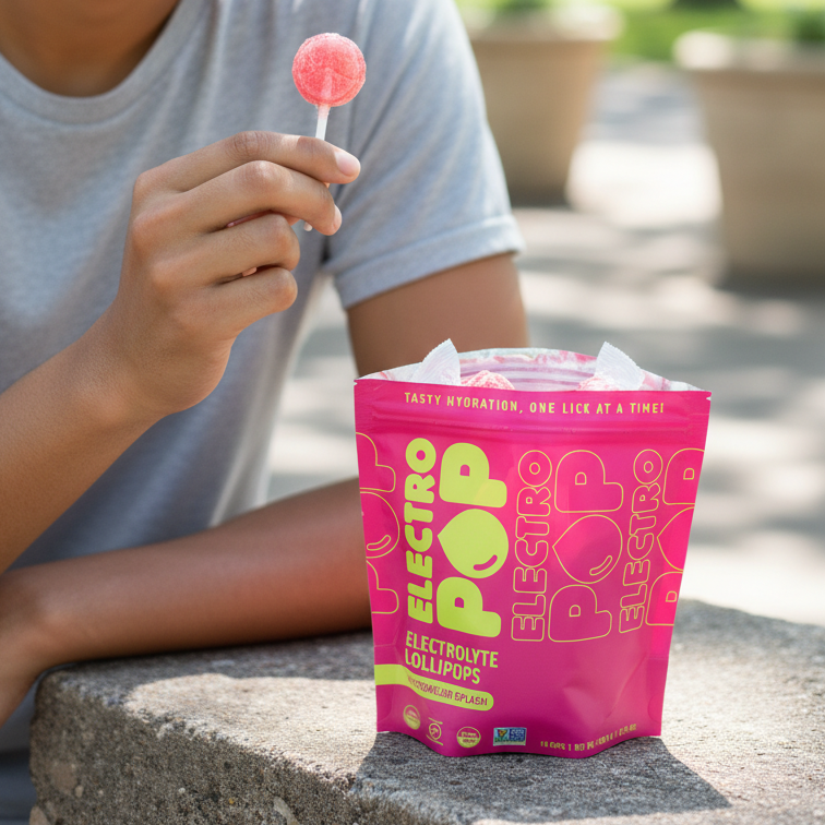 Person holding a pink lollipop with packaging in an outdoor setting
